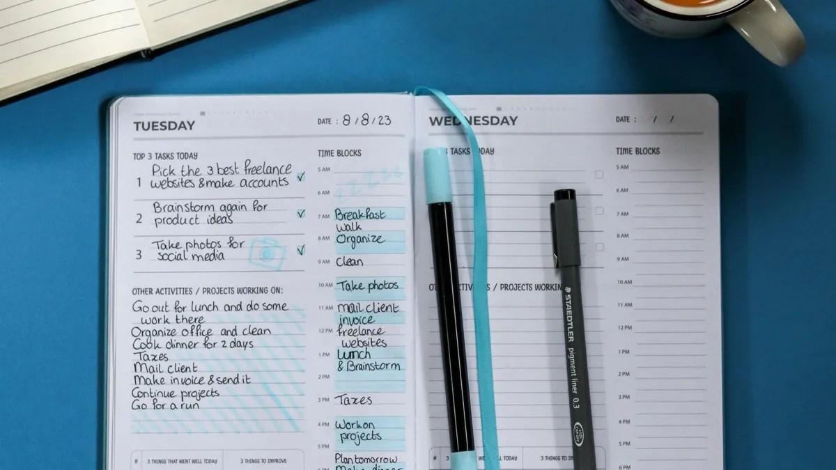 An open paper planner filled with handwritten daily tasks and time blocks, with pens and a coffee on the desk.