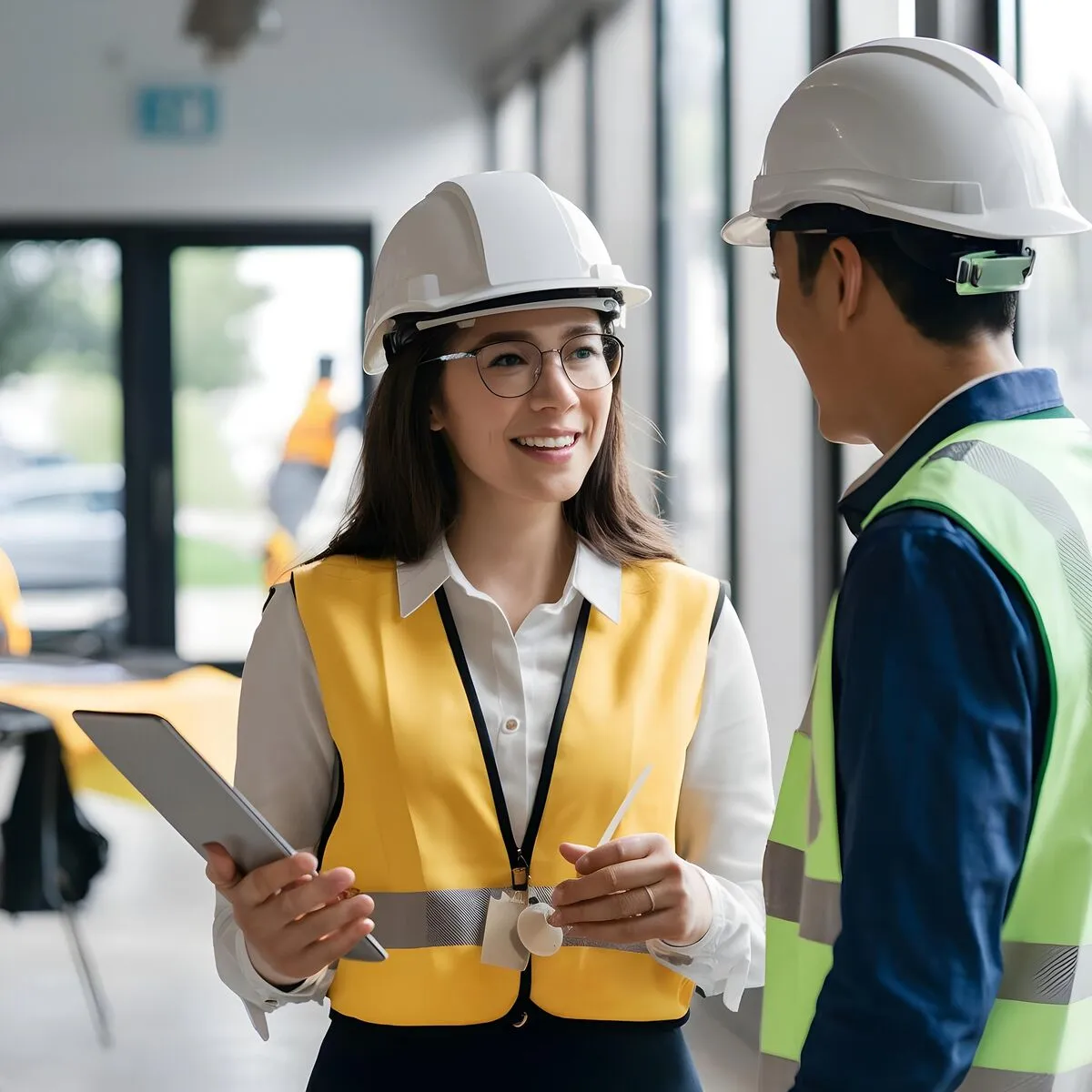 Two workers in hi-vis and hard hats on a building site, one holding a tablet.